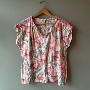 Caribbean Joe Womens XL Tropical Bird of Paradise Cotton Slub Knit Tassel Top